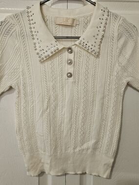 L'Ingenue Cream Studded-Collar Short-Sleeve Knit Sweater